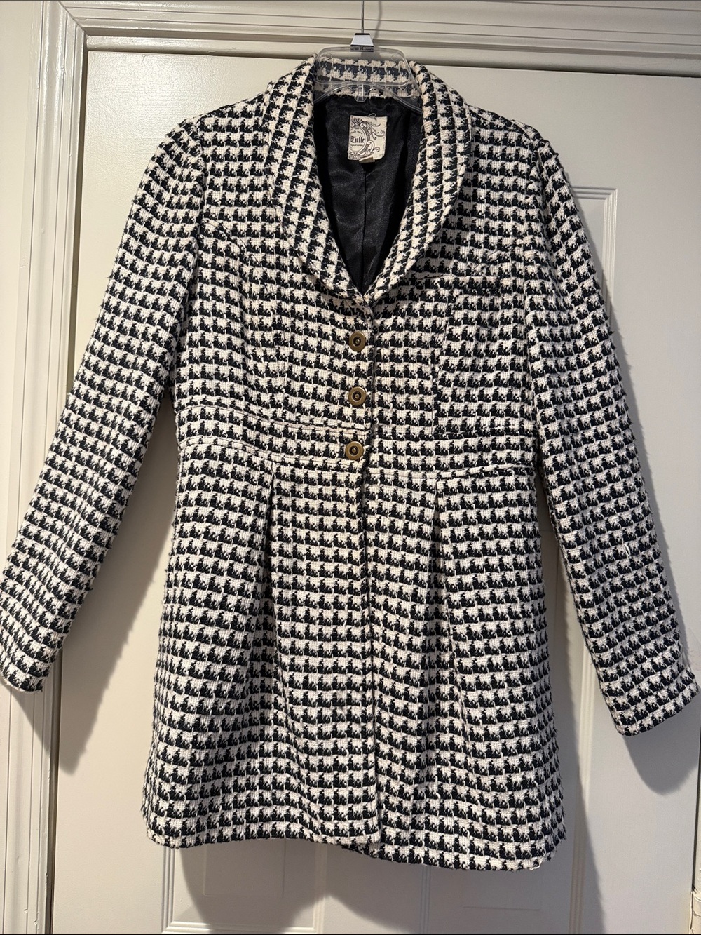 Retro Mod 1960s Trad Wife Black White Houndstooth Snap Front Car Coat Timeless L